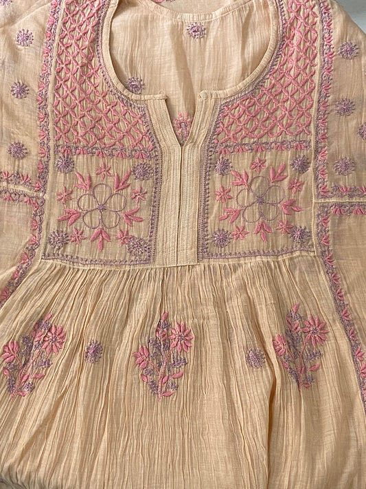 Premium Mulchanderi Chikankari Semi Stitched 2 piece Tunic and Dupatta set – Dark Beige