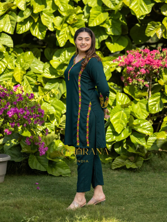 Ishq Rayon 2 PC Bottle Green chikankari Kurta set Gharana