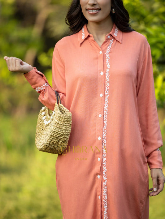 Sahiba Luxury Rayon Blush Red Chikankari Long Shirt Gharana