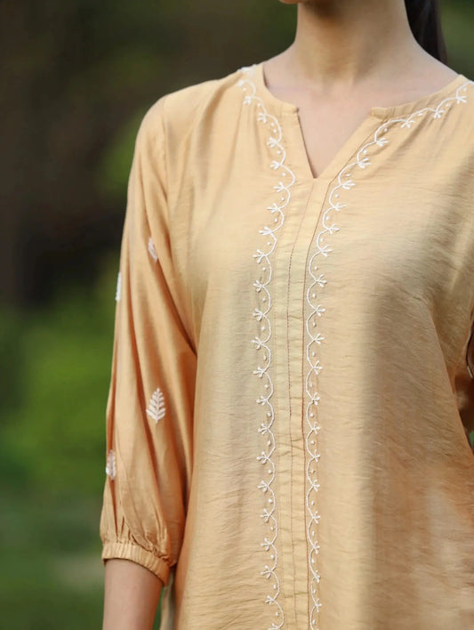 Sahiba Premium Chanderi Silk Golden Beige Chikankari Top Gharana