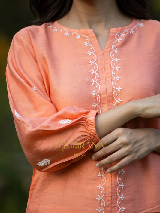 Sahiba Premium Chanderi Silk Blush Orange Chikankari Top Gharana