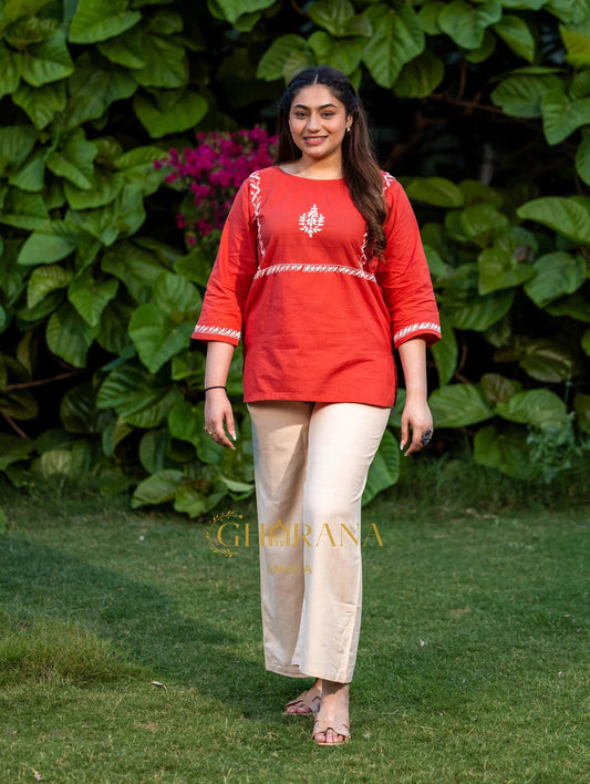 Sahiba Pure Cotton Red Chikankari Top Gharana