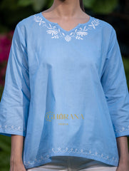 Sahiba Pure Cotton Blue Chikankari Short Top