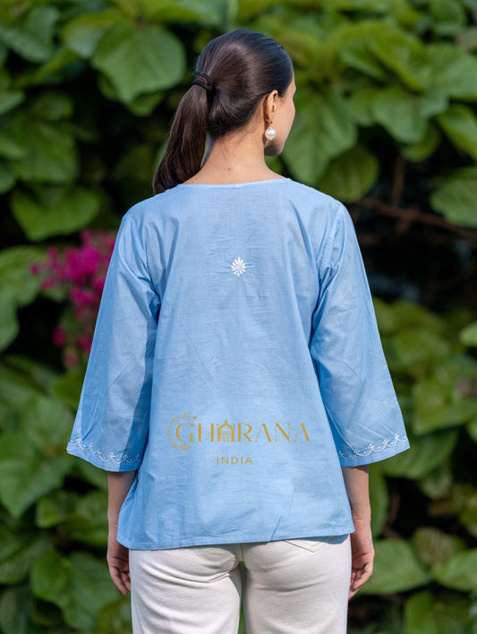 Sahiba Pure Cotton Blue Chikankari Short Top