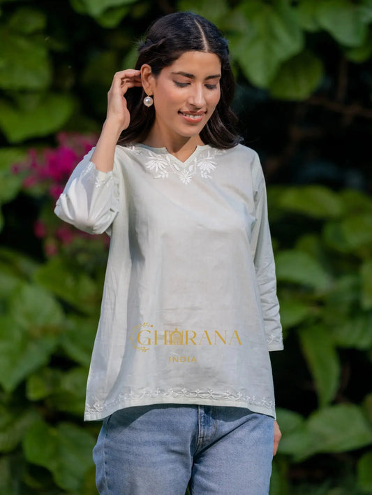 Sahiba Pure Cotton Lightest Green Chikankari Short Top Gharana