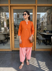 Aira Sunset Orange Cotton Slub Kurta Set with Playful checked Salwar