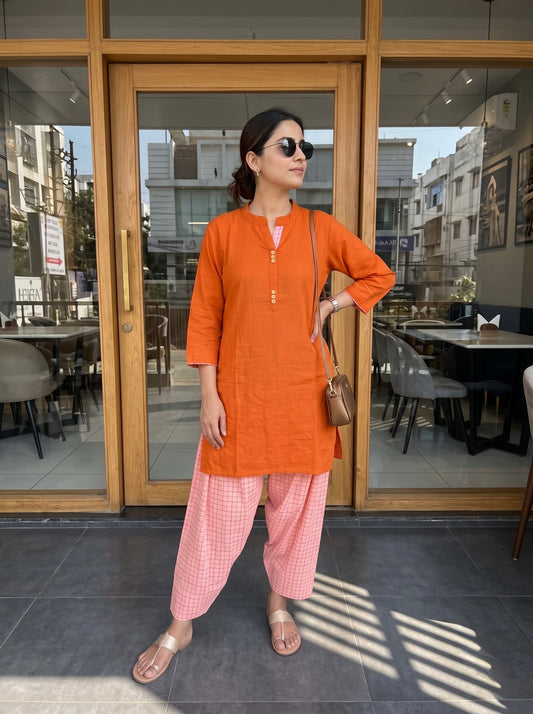 Aira Sunset Orange Cotton Slub Kurta Set with Playful checked Salwar