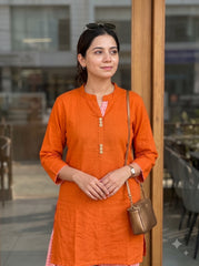 Aira Sunset Orange Cotton Slub Kurta Set with Playful checked Salwar