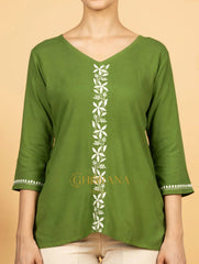 Sahiba Luxury Rayon Green Chikankari Top Gharana