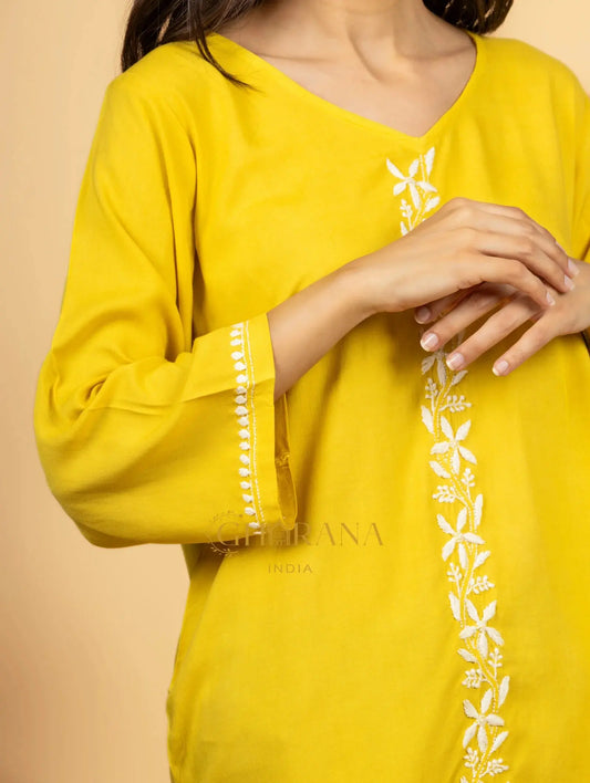 Sahiba Luxury Rayon Yellow Chikankari Top Gharana