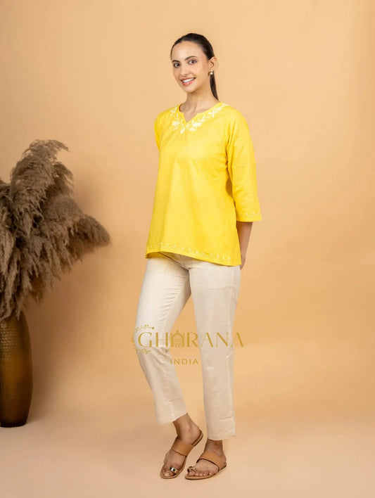 Sahiba Pure Cotton Yellow Chikankari Short Top Gharana