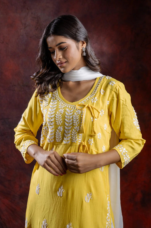 Ishq Rayon Yellow Angrakha Style Chikankari kurta Gharana