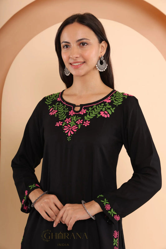 Ishq Modal 2 PC Black Chikankari Short Kurta set in Green and Pink Gharana