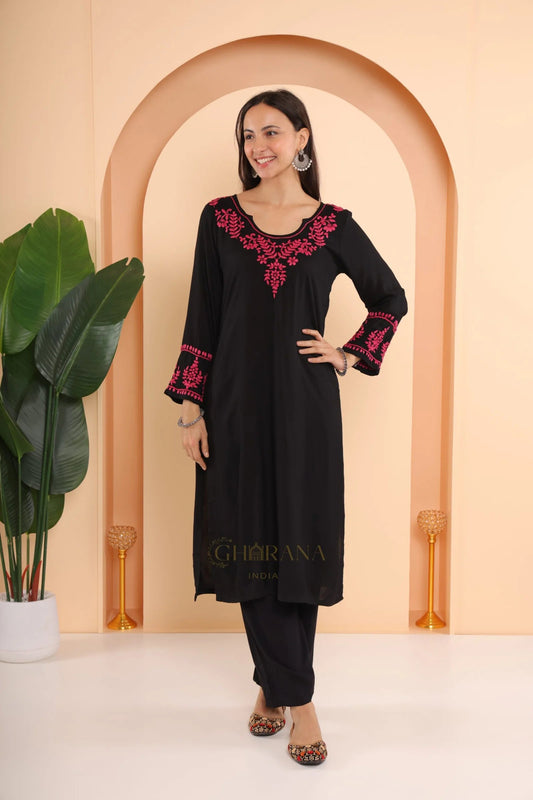 Ishq Modal 2 PC Black Chikankari Kurta set in Pink thread Gharana