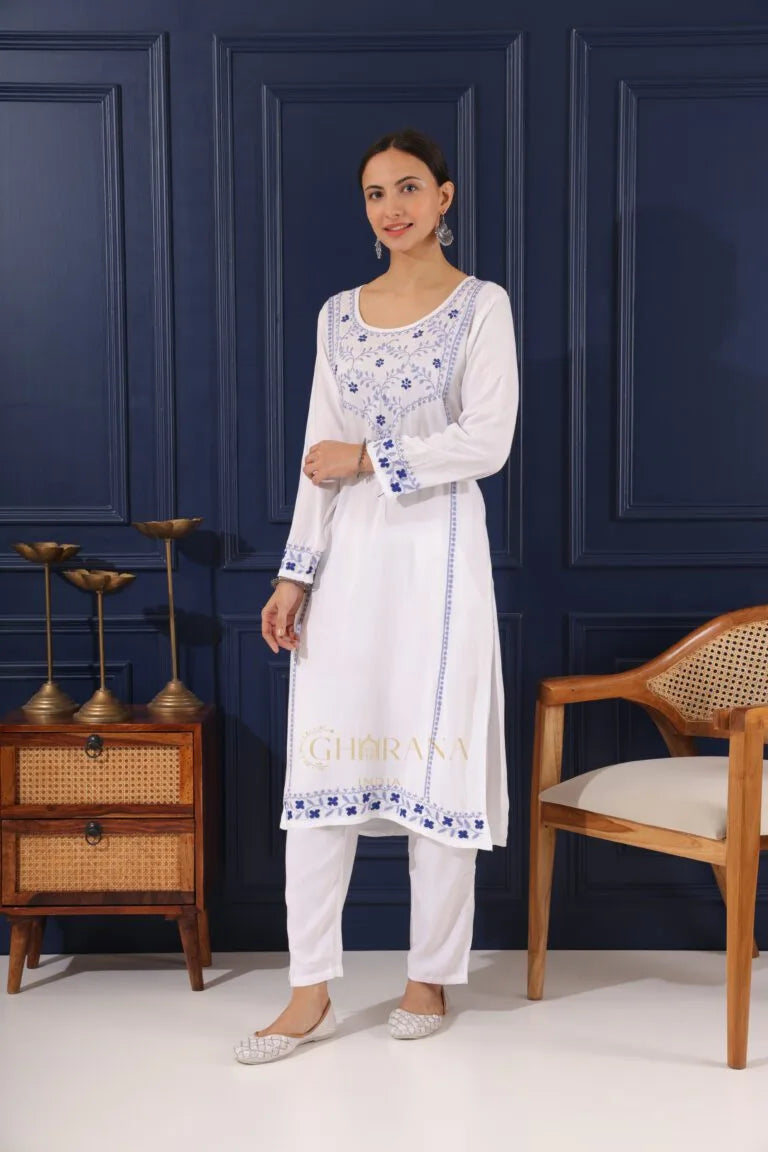 Heer Modal Cotton White Chikankari Kurta in 2 shades of blue Gharana