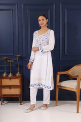 Heer Modal Cotton White Chikankari Kurta in 2 shades of blue Gharana