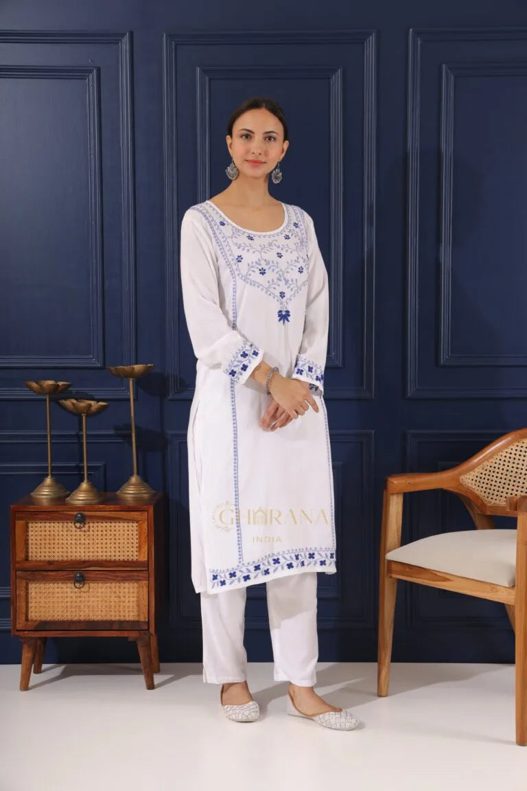 Heer Modal Cotton White Chikankari Kurta in 2 shades of blue Gharana