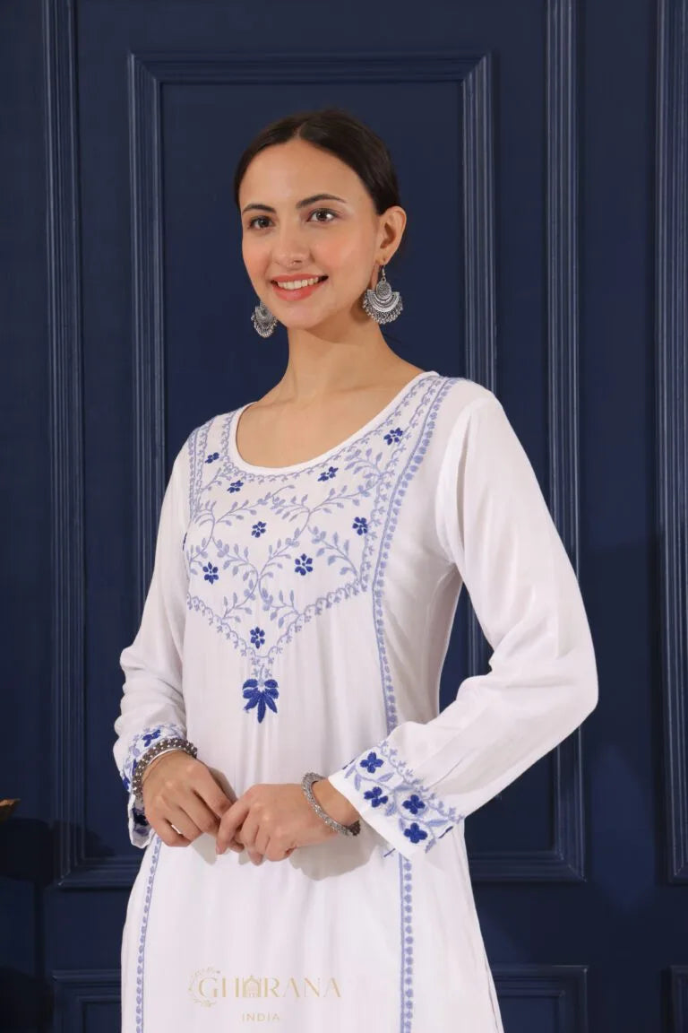 Heer Modal Cotton White Chikankari Kurta in 2 shades of blue Gharana