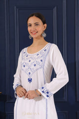 Heer Modal Cotton White Chikankari Kurta in 2 shades of blue Gharana