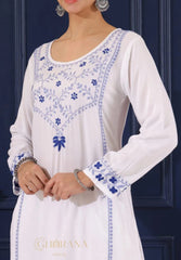 Heer Modal Cotton White Chikankari Kurta in 2 shades of blue Gharana