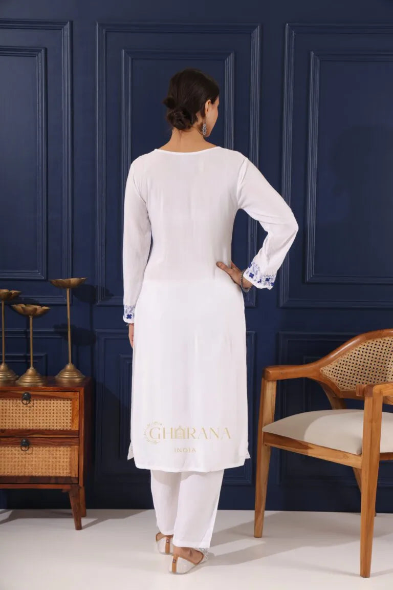 Heer Modal Cotton White Chikankari Kurta in 2 shades of blue Gharana