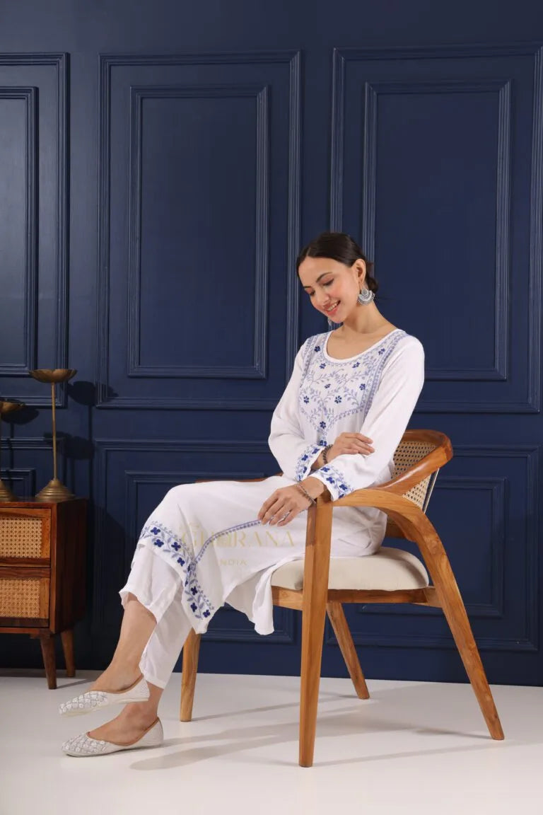 Heer Modal Cotton White Chikankari Kurta in 2 shades of blue Gharana