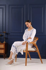 Heer Modal Cotton White Chikankari Kurta in 2 shades of blue Gharana