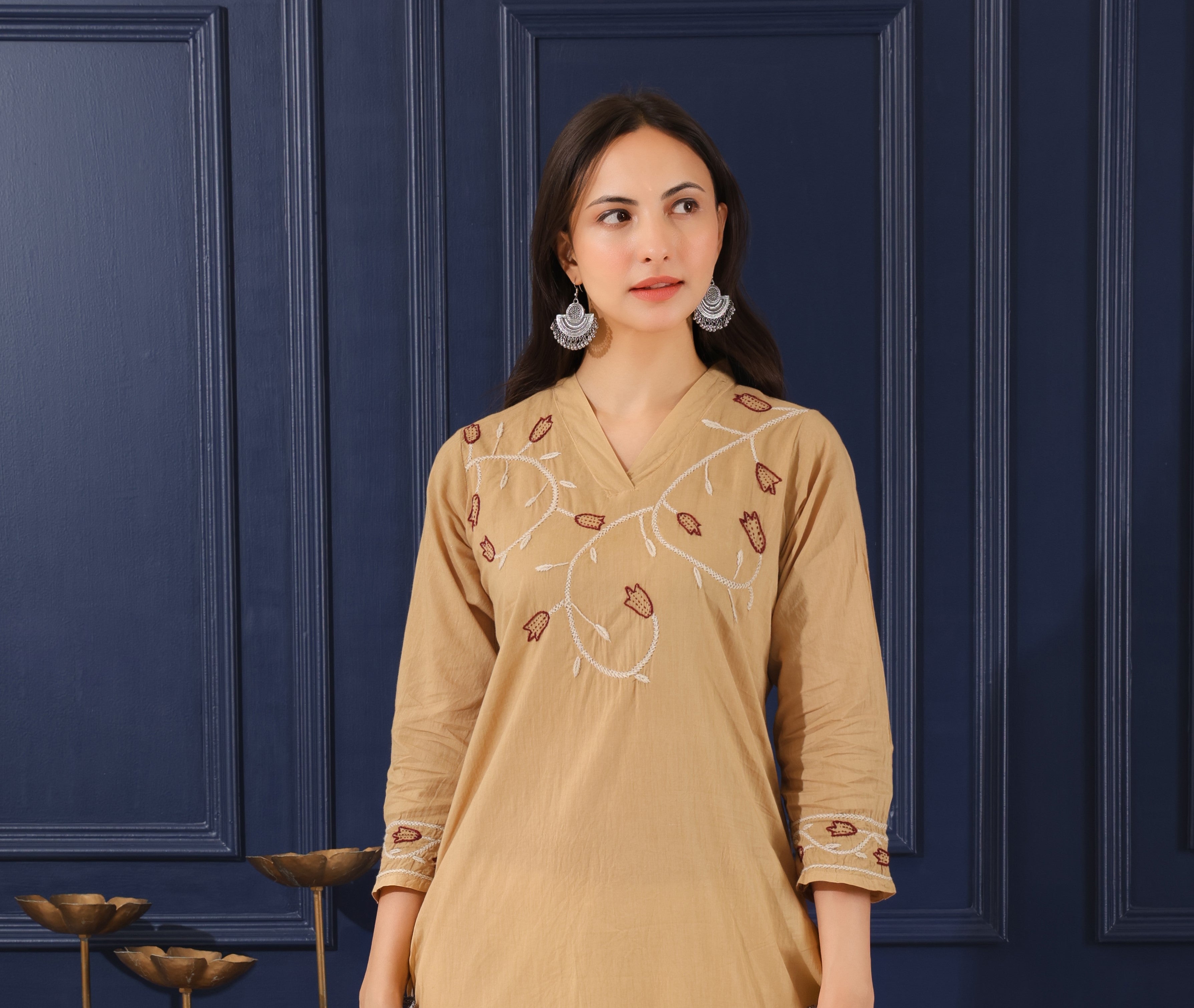 Heer Mul Cotton Beige chikankari Kurta Set Gharana