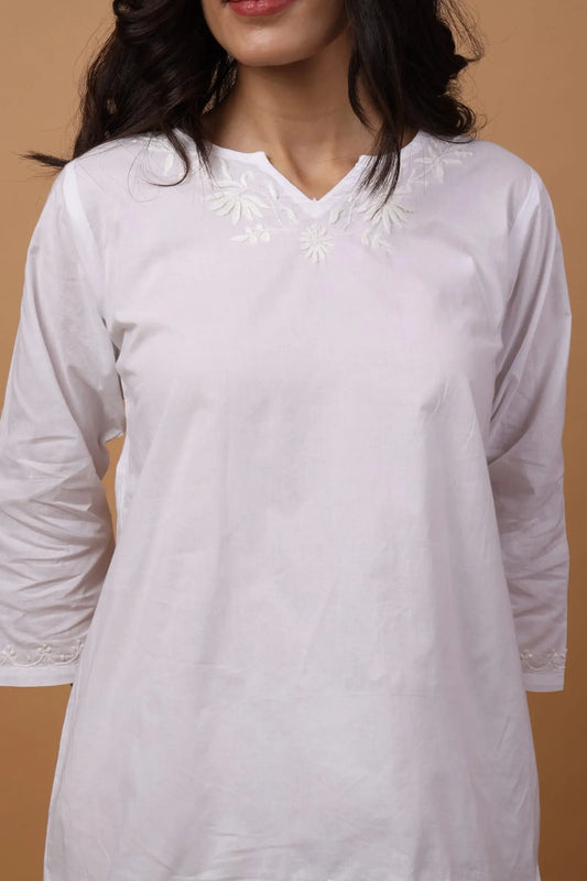 Sahiba Pure Cotton White Chikankari Short Top Gharana