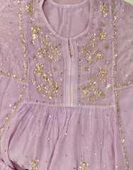Premium Mulchanderi 3 PC Semi stitched Tunic, Dupatta & Bottom in Kamdani work- light lavender