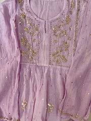 Premium Mulchanderi 3 PC Semi stitched Tunic, Dupatta & Bottom in Kamdani work- light lavender