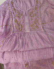 Premium Mulchanderi 3 PC Semi stitched Tunic, Dupatta & Bottom in Kamdani work- light lavender