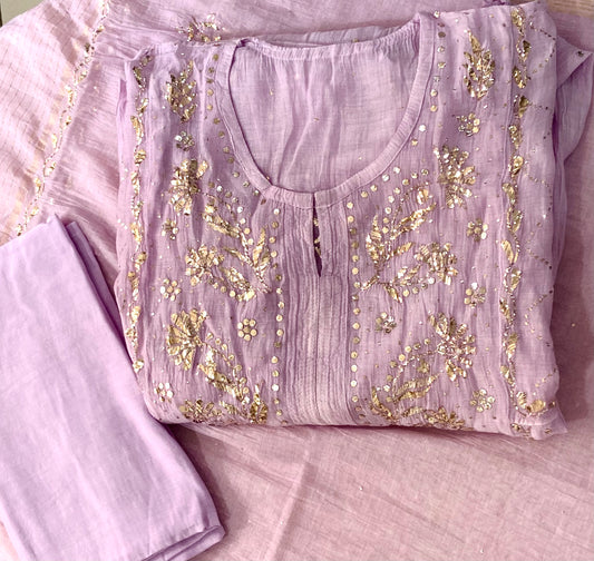 Premium Mulchanderi 3 PC Semi stitched Tunic, Dupatta & Bottom in Kamdani work- light lavender