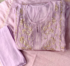 Premium Mulchanderi 3 PC Semi stitched Tunic, Dupatta & Bottom in Kamdani work- light lavender