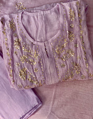 Premium Mulchanderi 3 PC Semi stitched Tunic, Dupatta & Bottom in Kamdani work- light lavender