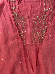 Premium Mulchanderi 3 PC Semi stitched Tunic, Dupatta & Bottom in Kamdani work- Brick Pink