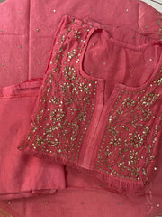 Premium Mulchanderi 3 PC Semi stitched Tunic, Dupatta & Bottom in Kamdani work- Brick Pink