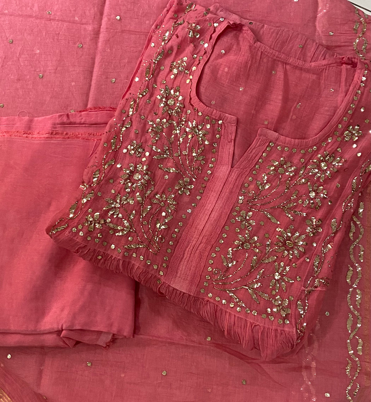 Premium Mulchanderi 3 PC Semi stitched Tunic, Dupatta & Bottom in Kamdani work- Brick Pink