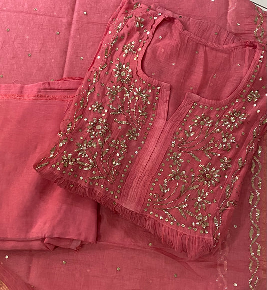 Premium Mulchanderi 3 PC Semi stitched Tunic, Dupatta & Bottom in Kamdani work- Brick Pink