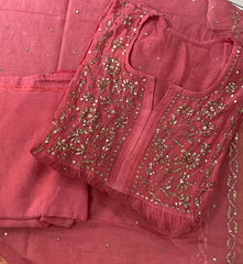 Premium Mulchanderi 3 PC Semi stitched Tunic, Dupatta & Bottom in Kamdani work- Brick Pink
