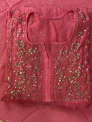 Premium Mulchanderi 3 PC Semi stitched Tunic, Dupatta & Bottom in Kamdani work- Brick Pink