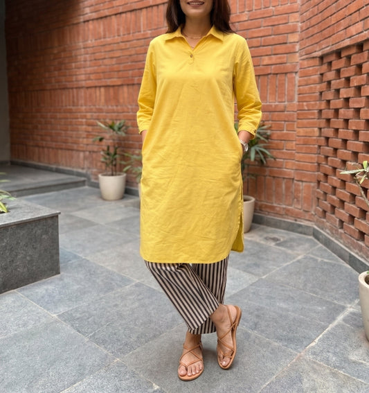 Aira Sunshine Yellow Cotton Poplin Kurta Set with Striped Pants