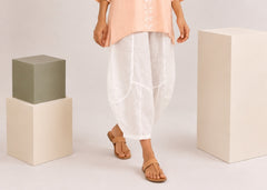 White Solid Barrel Pants