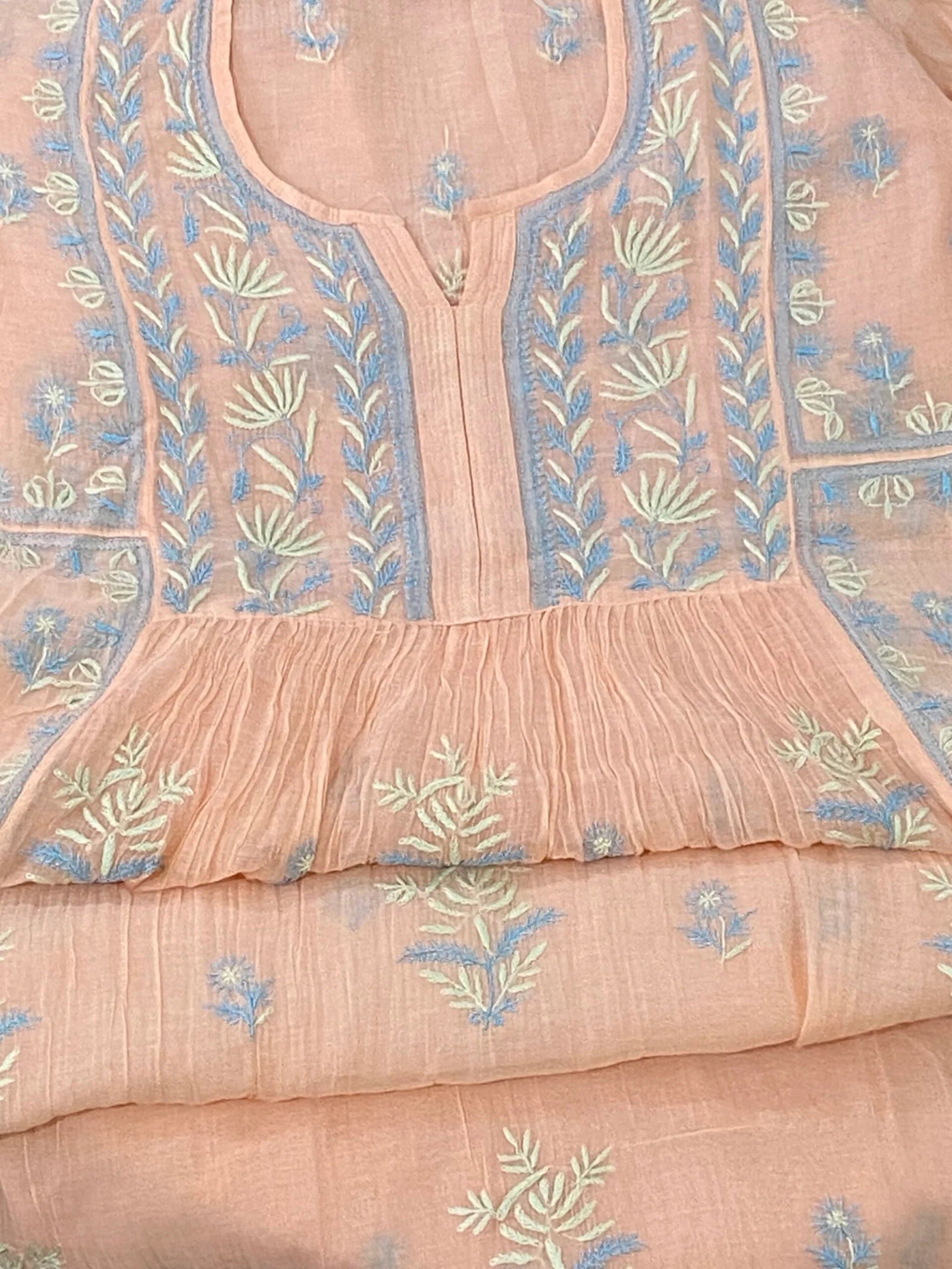Premium Mulchanderi Chikankari Semi Stitched 2 piece Tunic and Dupatta set – Peach Gharana