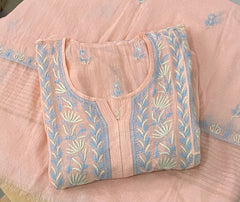 Premium Mulchanderi Chikankari Semi Stitched 2 piece Tunic and Dupatta set – Peach Gharana