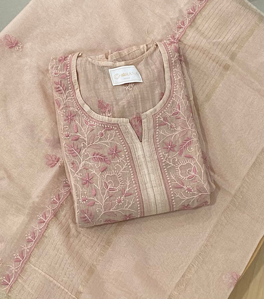 Premium Mulchanderi Chikankari Semi Stitched 2 piece Tunic and Dupatta set – Beige Gharana