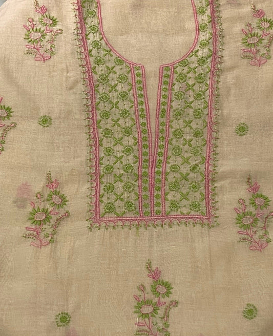 Premium Mul Chanderi 2 piece Chikankari Unstitched 2 piece Kurta and Dupatta set – Dark beige Gharana