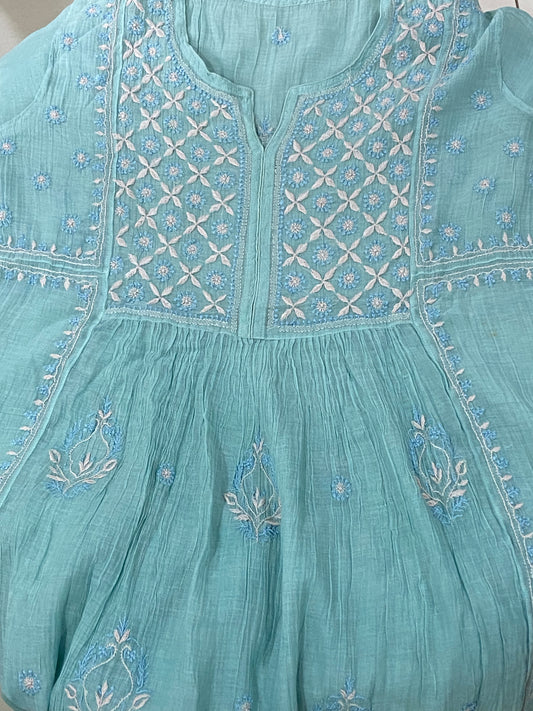 Premium Mul chanderi Chikankari Semi Stitched 2 piece Tunic and Dupatta set – Light Aqua