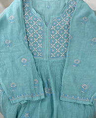 Premium Mul chanderi Chikankari Semi Stitched 2 piece Tunic and Dupatta set – Light Aqua