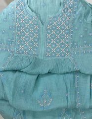 Premium Mul chanderi Chikankari Semi Stitched 2 piece Tunic and Dupatta set – Light Aqua